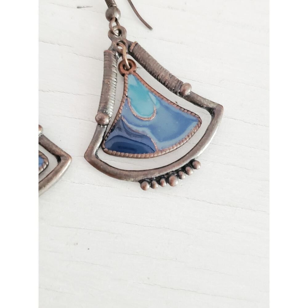 Vintage Silver-tone Blue Enamel Fan Dangle Earrings - Picture 3 of 5